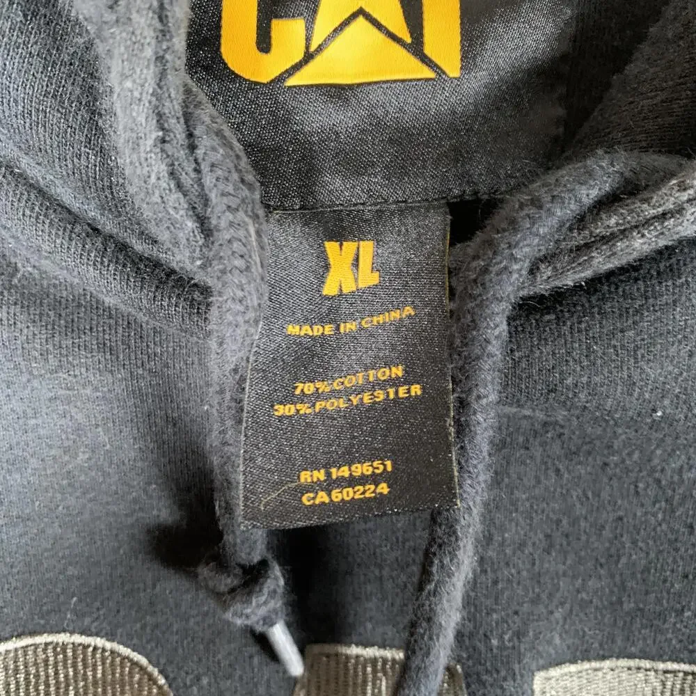 CAT Hoodie Mens XL Black Pullover Fleece Kangaroo Pocket Logo Workwear Graphic